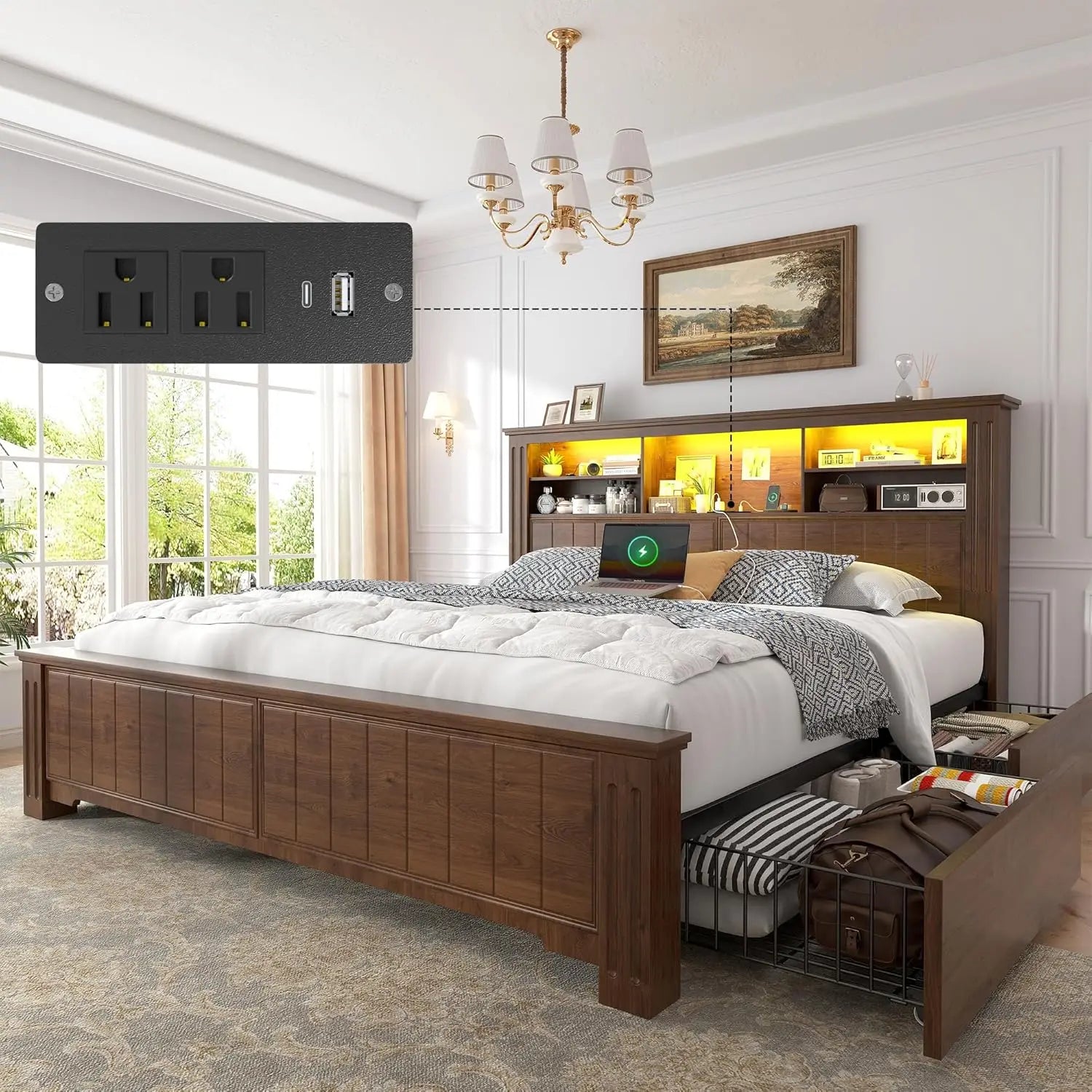 Queen Bed Frame with 4 Storage Drawers, LED lights, Headboard, and Charging Station