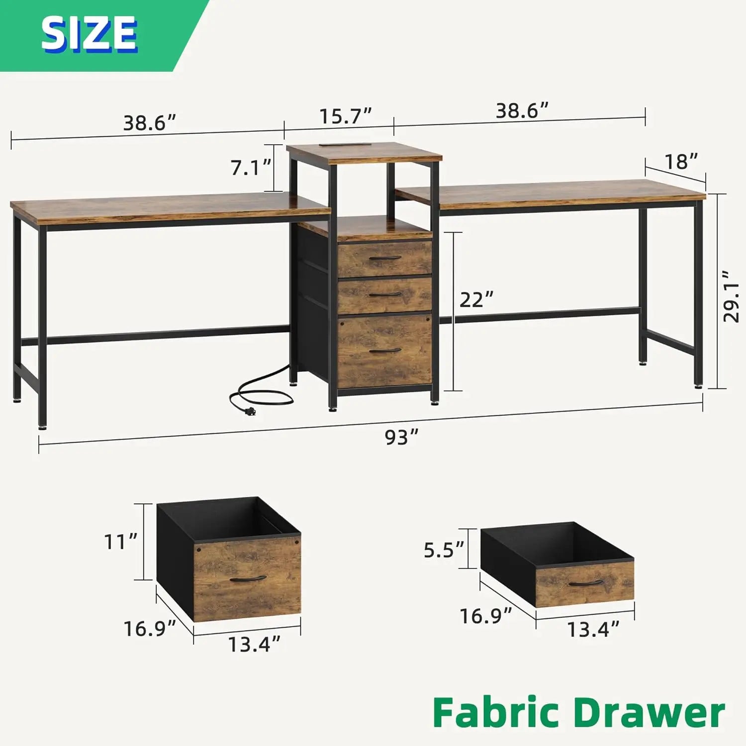 FurnishSpot 93” Two-Person Computer Desk with Power Outlets | Double Workstation with File Drawer & Printer Shelf