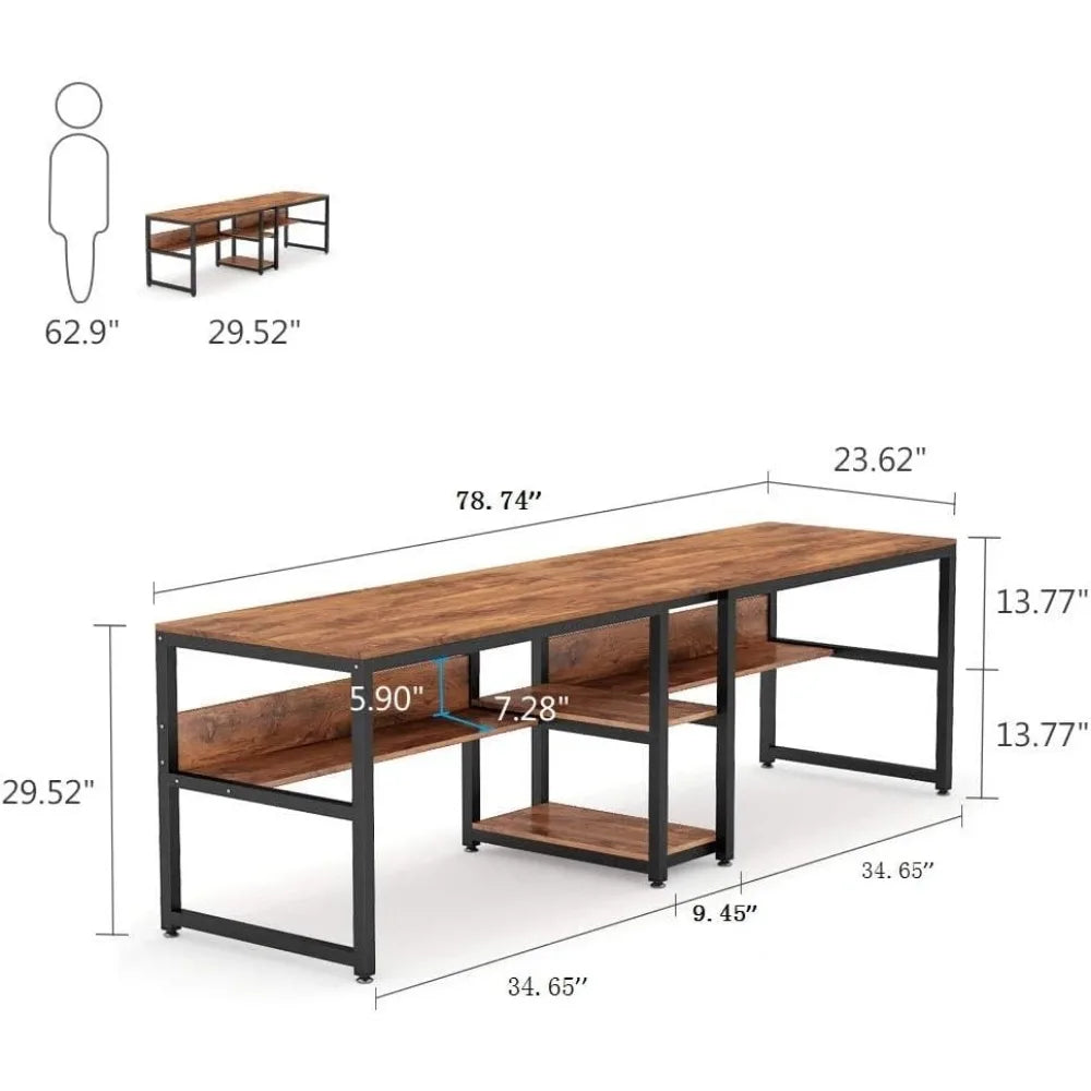 Desk with Bookshelf, 78.7 Computer Office Double Desk for Two Person, Rustic Writing Desk Workstation with Shelf for Home Office