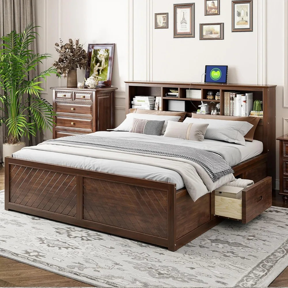 Harper & Bright Designs King Size Platform Bed with Bookcase Headboard and Storage Drawers, Wood King Storage Bed Frame with USB