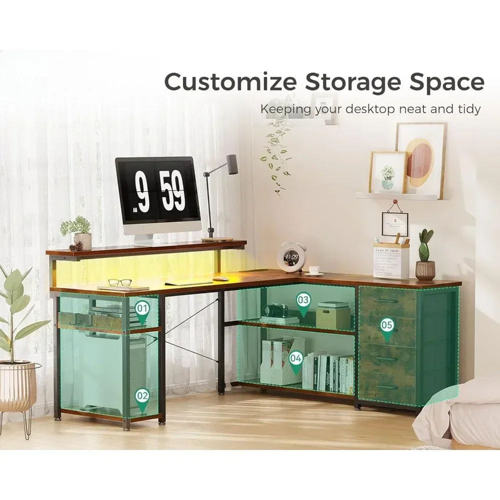 61" L Shaped Desk with Drawer, Computer Desk with Power Outlets & LED Lights, Reversible Corner Gaming Desk