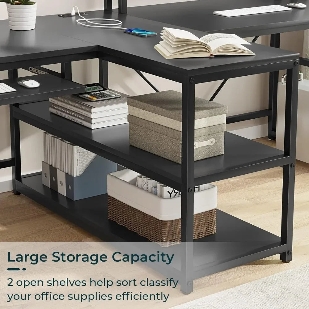 94.5" Office Computer Desk, 2 Person Gaming Desk with Storage, LED Lights, Keyboard Tray, Power Strip