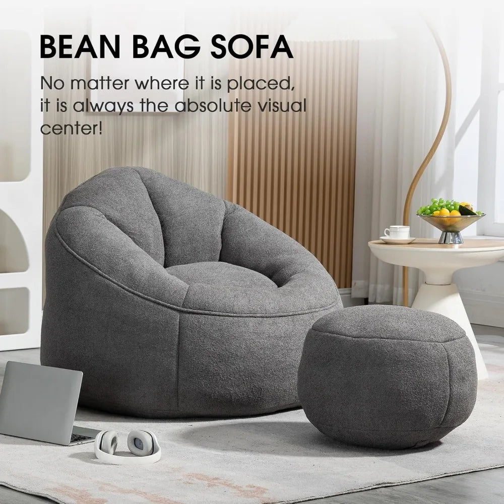 Bean Bag Chair for Adult, Microfiber Upholstered Bean Bag Sofa with Petal Back, Shell-Shaped Beanbag Chair with Footstool