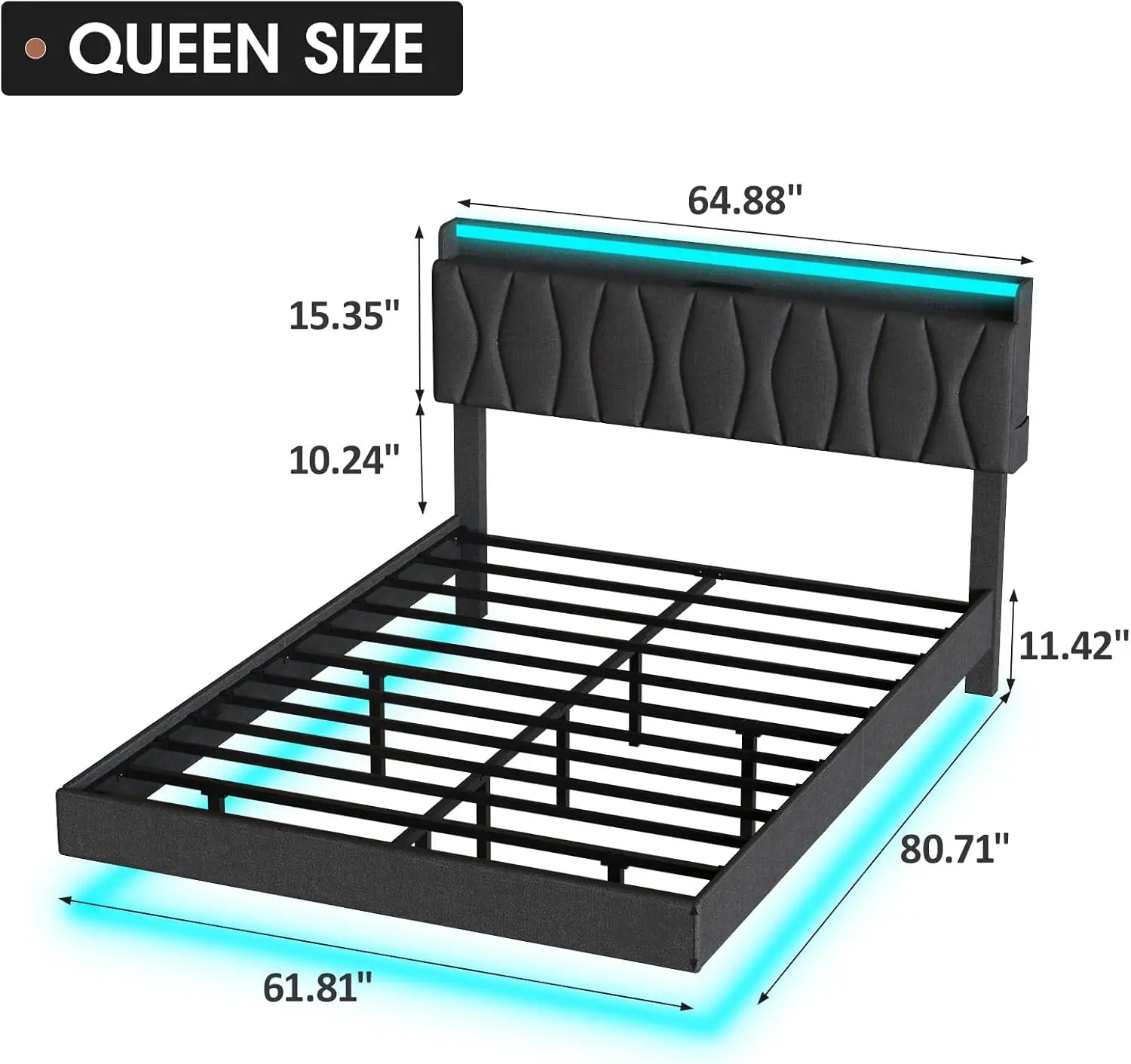Vabches Floating Queen Bed Frame With Storage Headboard&LED Light Bed Frame with Charging Station Upholstered Platform Bed Frame
