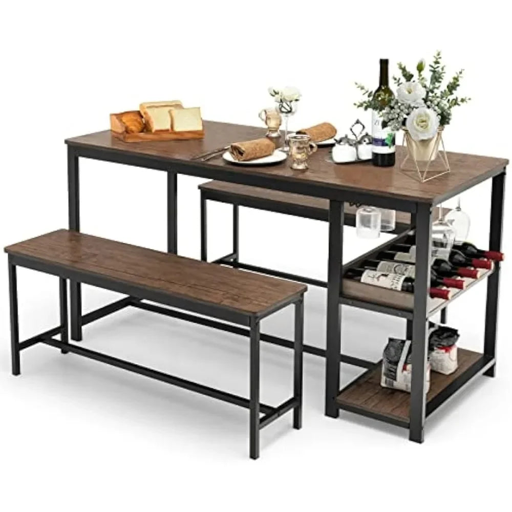 3-Piece Dining Table Set for 4, Rustic Pub Dining Table with 2 Benches, 2 Storage Shelves and Glass Holder, Breakfast Kitchen