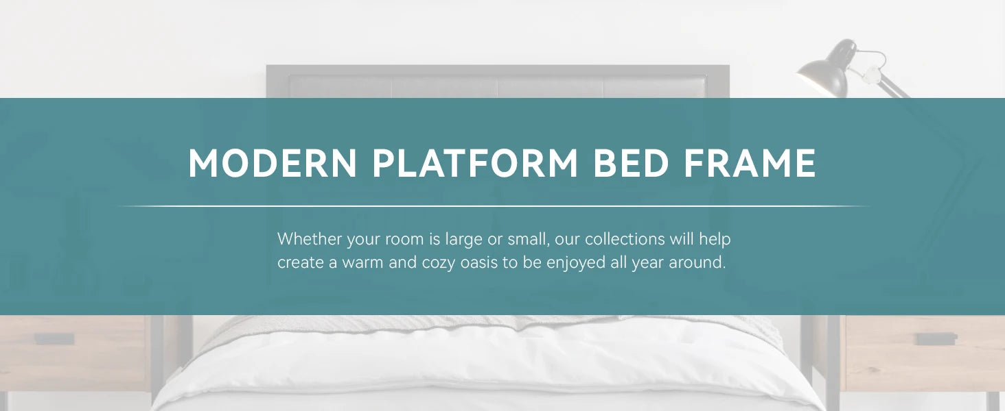 HOOMIC Metal Bed Frame, Upholstered Headboard with Square Stitched, Classic Button Tufted, Faux Leather, No Box Spring Needed