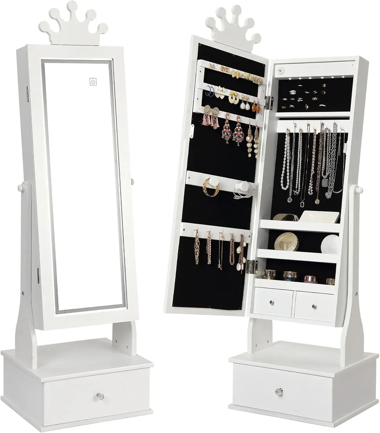 Freestanding Kids Jewelry Armoire with Full-Length Mirror, LED Light & 3 Storage Drawers