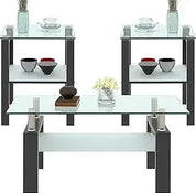 Black Glass Coffee Table Set of 3 Piece, Living Room Tables Set of 3 Pcs, Including 1 Coffee Table and 2 End Side Tables, Metal