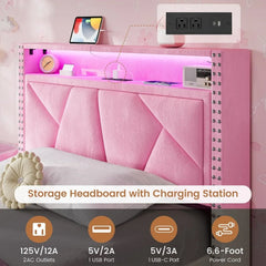 VIAGDO Pink Twin Bed Frames with LED Lights, Upholstered Platform Bed Frame Twin Size with Storage Headboard and Charging Statio