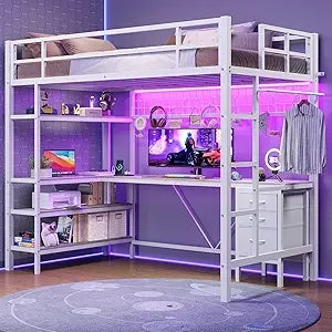 Loft Bed Twin Size with L-Shaped Desk and Storage Shelves, Metal Loft Bed Frame with Power Outlet, LED Lights, 3 Fabric Drawers,