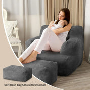 Bean Bag Sofa Chair with Ottoman, Giant Bean Bag Chair for Adults, Comfy Reading Chair,Living Room, Bedroom (Grey)