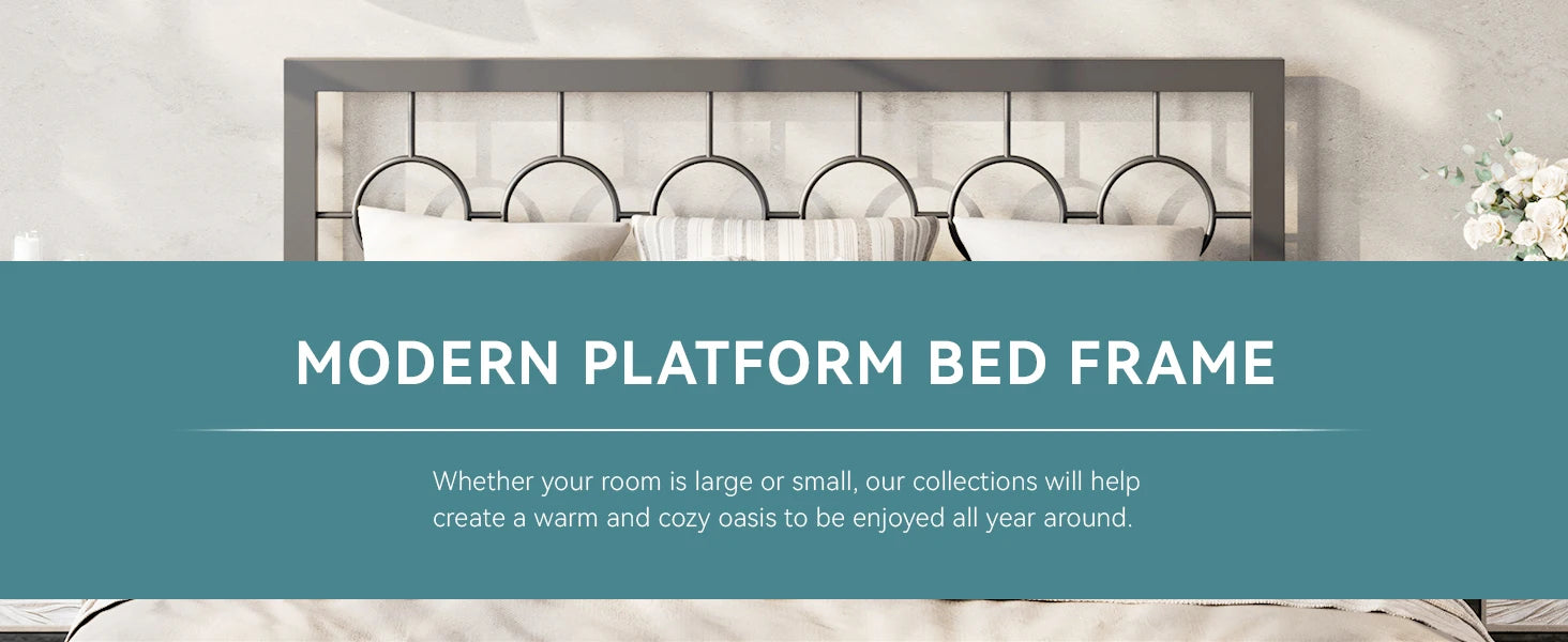 Metal Platform Bed Frame with Vintage Circular Design Headboard and Footboard