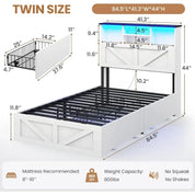 Twin Size Bed Frame with Bookcase Storage Headboard Charging Station & LED Lights Wooden Bed Frames Featuring 4 Drawers