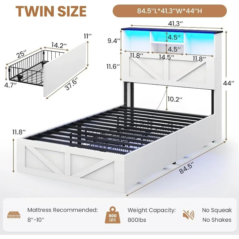 Twin Size Bed Frame with Bookcase Storage Headboard Charging Station & LED Lights Wooden Bed Frames Featuring 4 Drawers