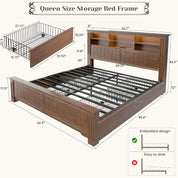 Queen Bed Frame with 4 Storage Drawers, LED lights, Headboard, and Charging Station