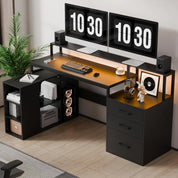 65.7" L Shaped Desk with Drawers, Corner Computer Gaming Desk with Power Outlet & LED Light, Office Desk with File Drawer