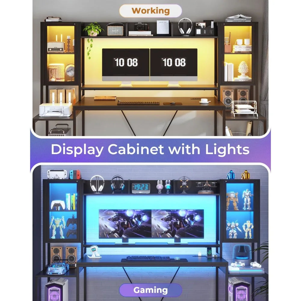 Gaming Desk 74.8'' with LED Lights, Hutch and Storage Shelves, Computer Desk with Monitor Stand, Large PC Gamer Desk Workstatio
