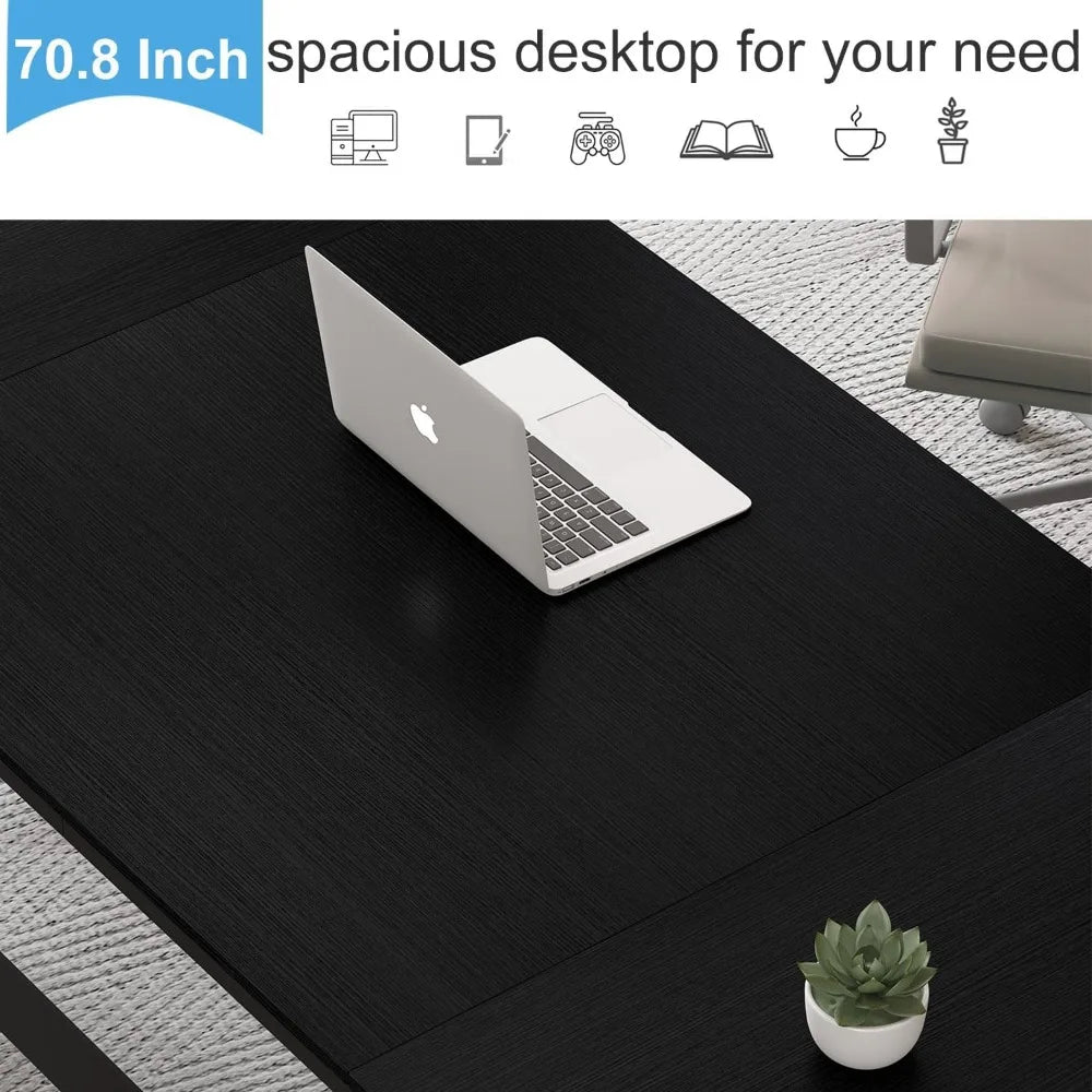 Large Black Desk, 70.8” Long Computer Desk for Home Office, Modern Wide Executive Work Desk for Writing Study, Simple Wood Meta