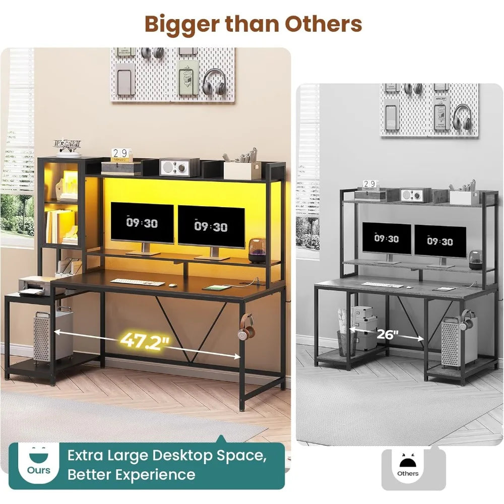 Gaming Desk, 60'' Gaming Desk with Hutch and LED Lights, Computer Desk with Storage Shelves, Large PC Gamer Desk with Display C