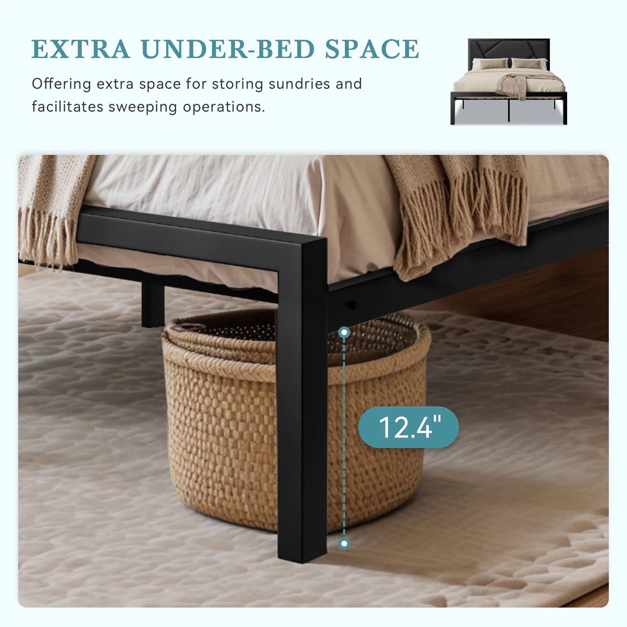 HOOMIC Metal Bed Frame with Upholstered Headboard, Litchi Grain Faux Leather Design, Easy Assembly, No Box Spring Needed Allewie