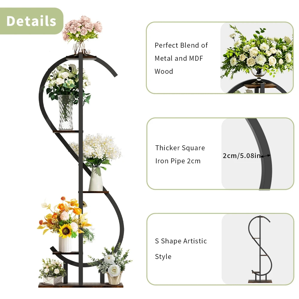 5-Tier S-Shaped Metal Plant Stand with MDF Shelves – Decorative Indoor & Outdoor Plant Display for Balcony, Living Room, Garden, Patio, or Porch