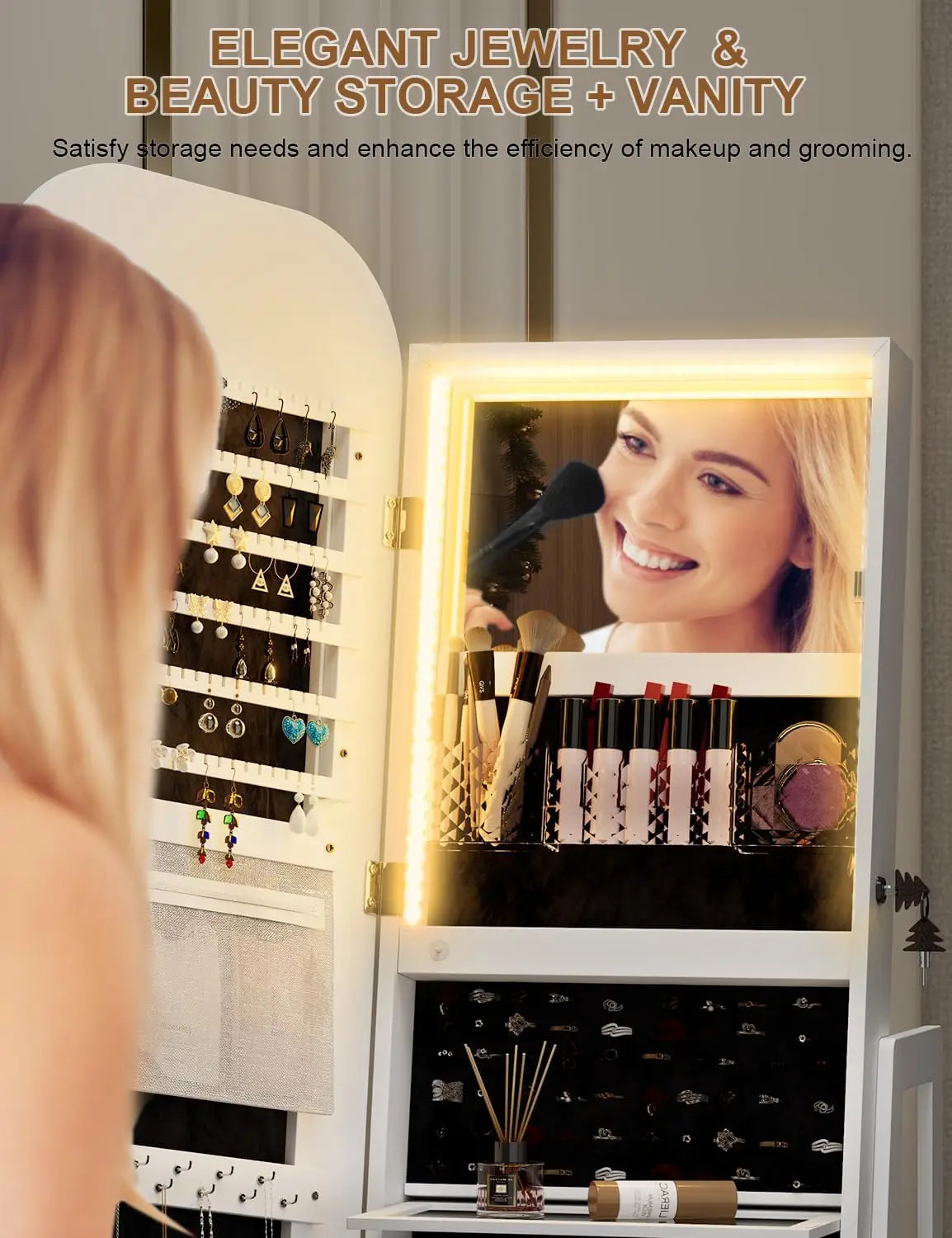 Rotatable Full-Length Mirror Jewelry Cabinet with RGB Lights & 360° Swivel – White