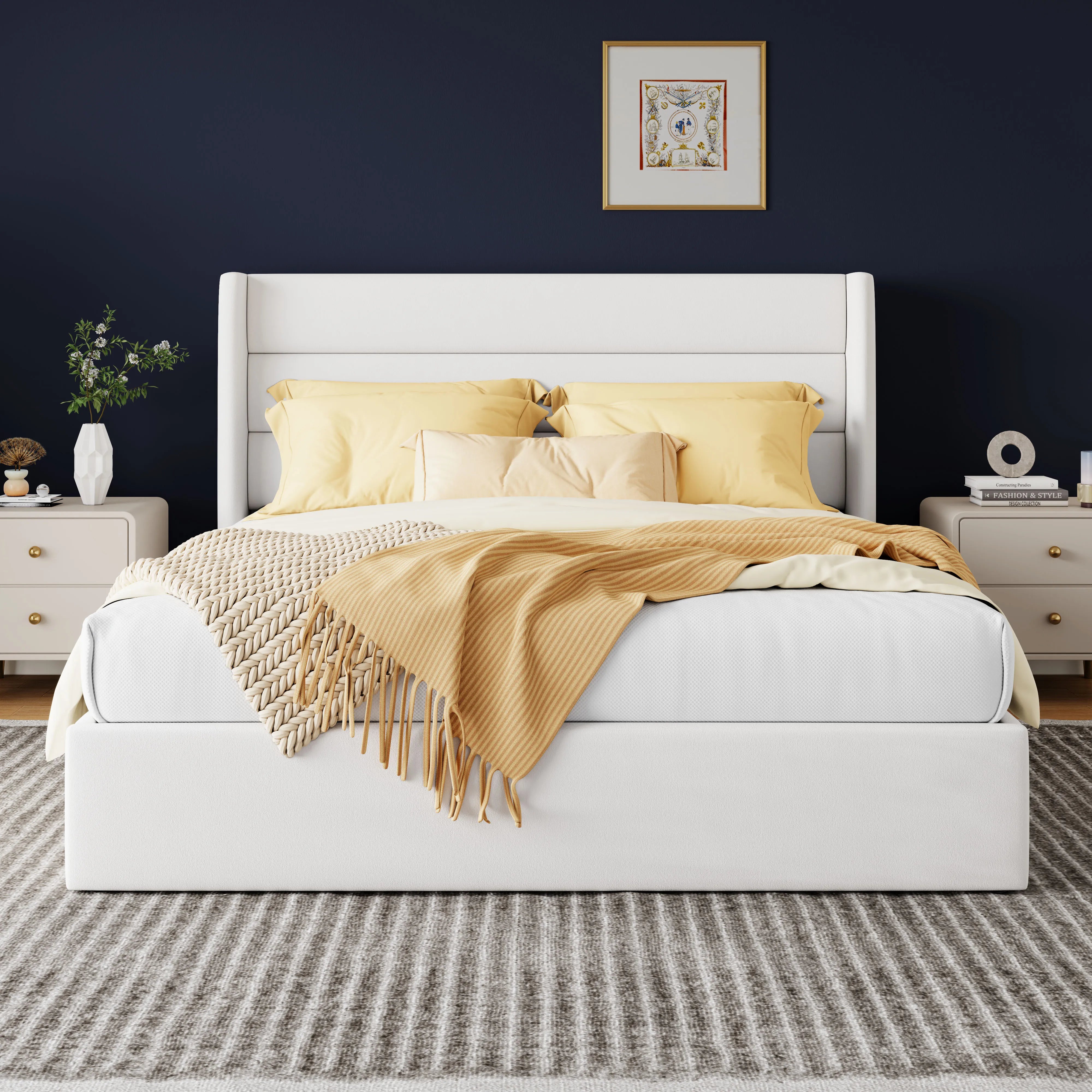 Lift Up Storage Bed with Wingback Headboard and Large Underneath Storage