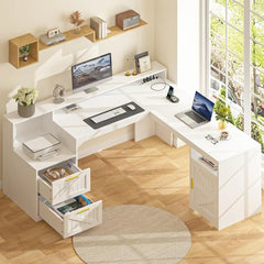 63" Farmhouse L Shaped Executive Desk with Drawers & Storage Shelf, Corner Computer Desk with Power Outlets, L Shaped Office Des