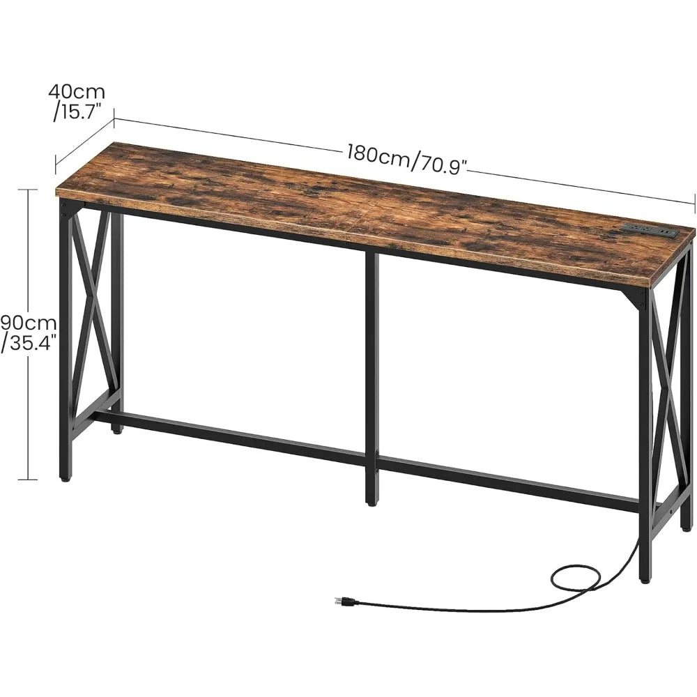 Kitchen Dining Table with Power Outlet and Footrest, Industrial Style, for Pub, Living Room, Rustic Brown and Black TBT08UBF