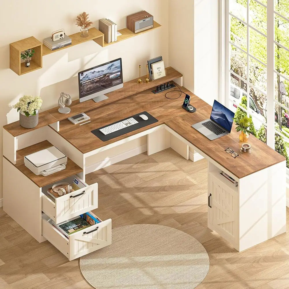 FurnishSpot SpaceSmart™ L-Shaped Executive Desk with Storage & Power – Farmhouse Style