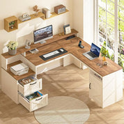 FurnishSpot SpaceSmart™ L-Shaped Executive Desk with Storage & Power – Farmhouse Style