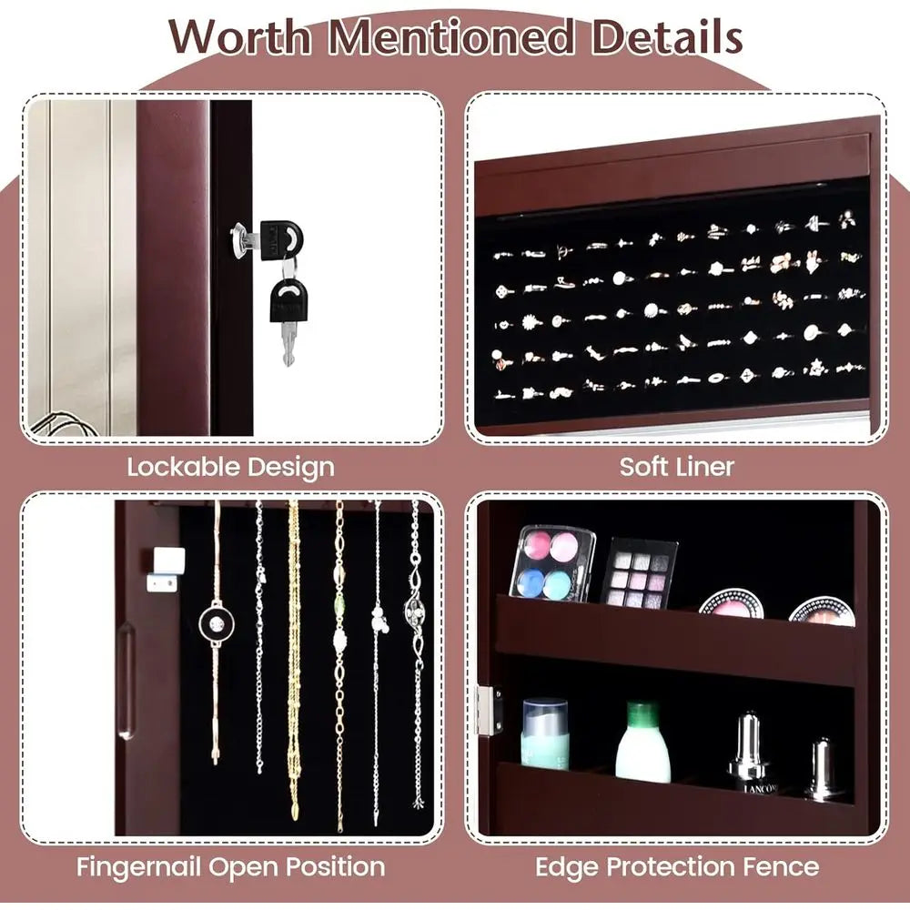 53.5" Full-Length Mirror Jewelry Cabinet with 12 LED Lights | Wall or Door Mounted Lockable Armoire