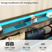 Vabches Floating Queen Bed Frame With Storage Headboard&LED Light Bed Frame with Charging Station Upholstered Platform Bed Frame