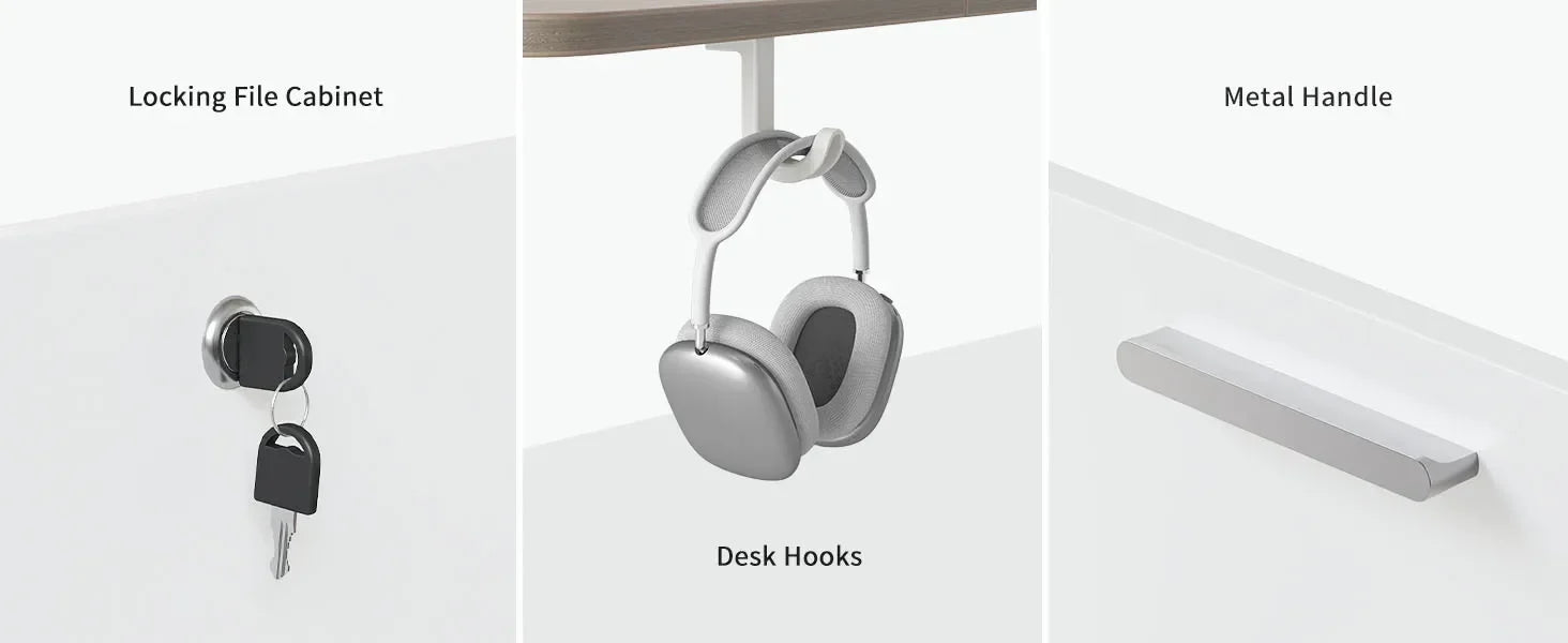 L-Shaped Executive Standing Desk with File Cabinet and Shelves, Electric Height Adjustable, Light Walnut