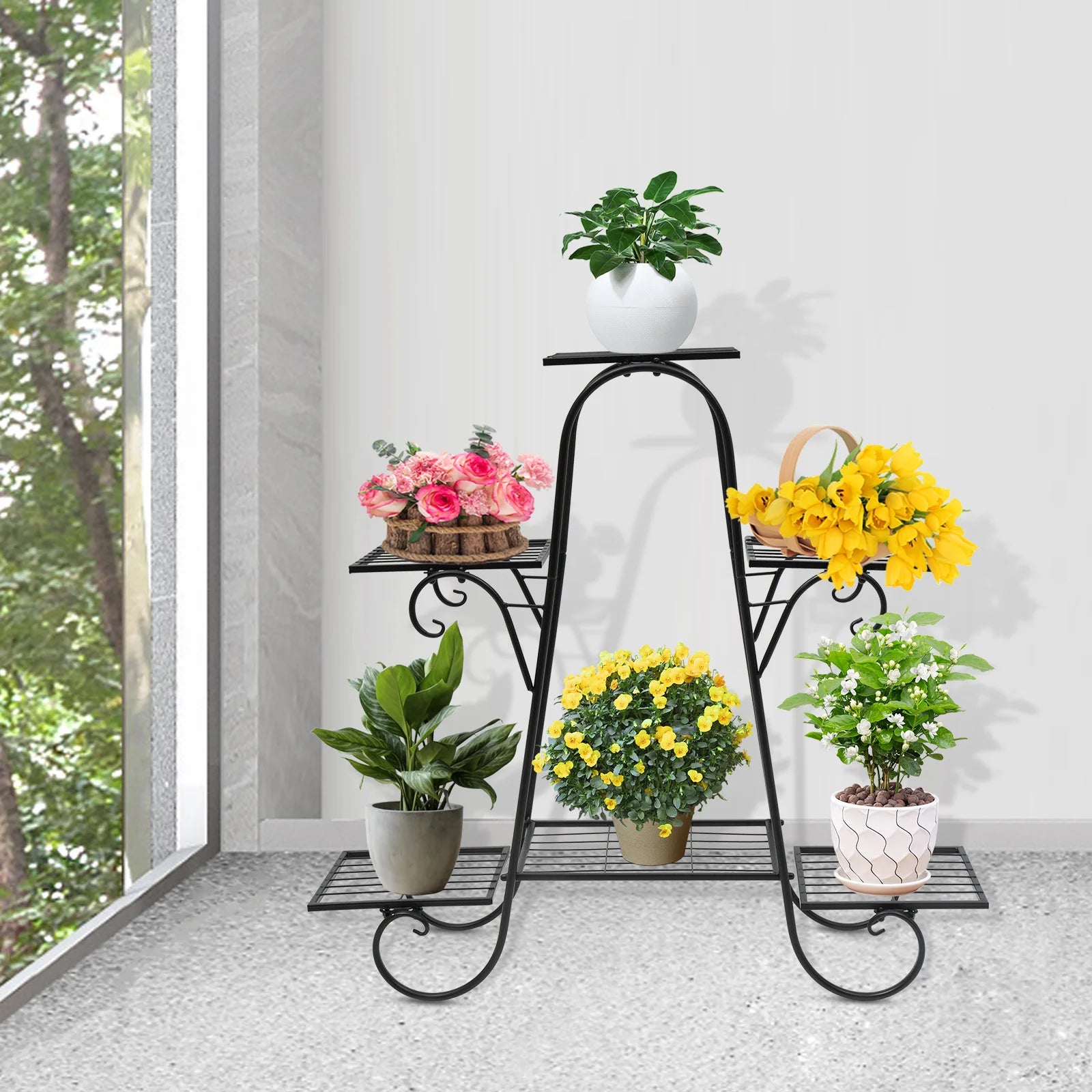 Modern Nordic Style Iron Square Plant Stand, 6-Tier Black Baking Lacquer Shelf, Holder for Plants Decor, Max Load 10kg per Tier