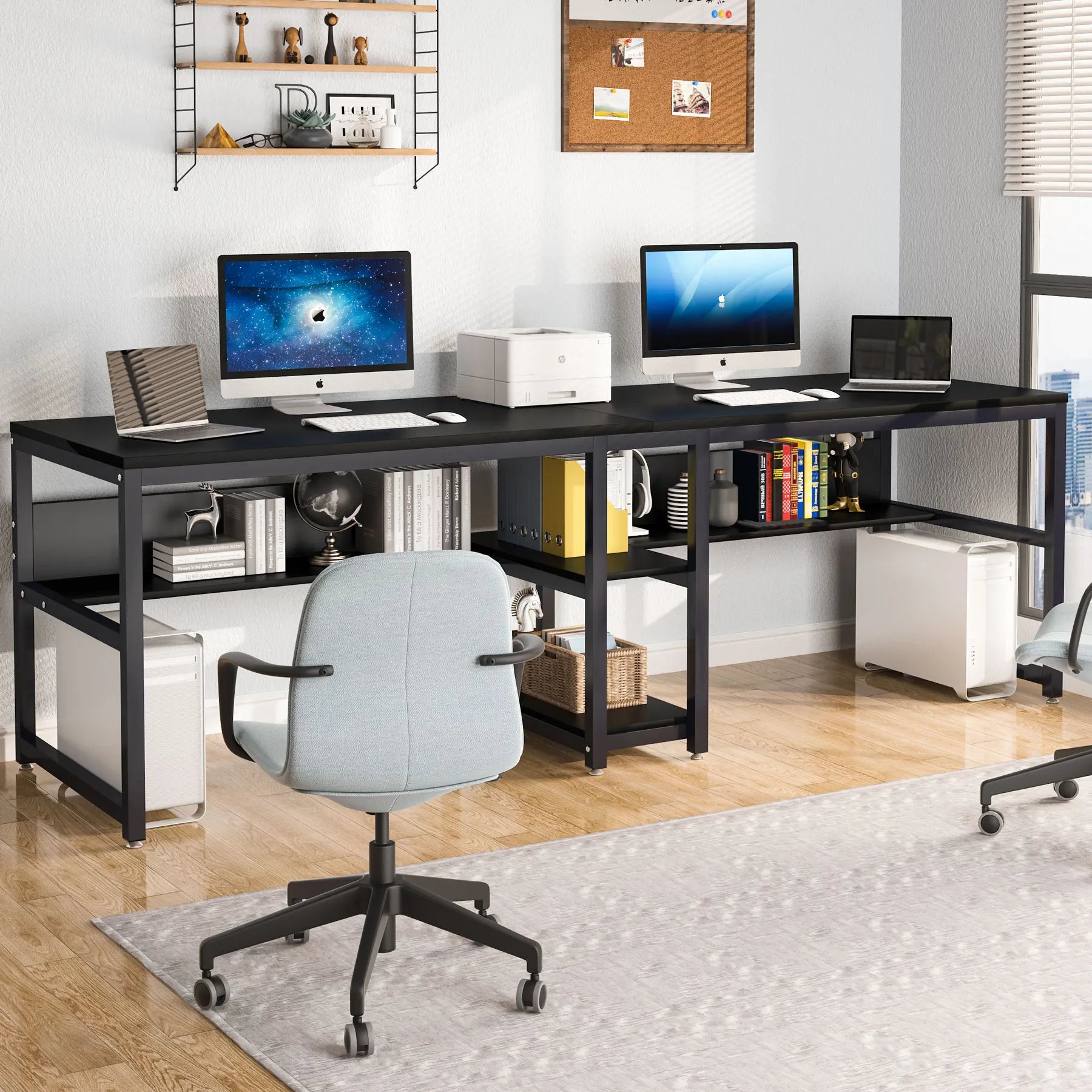 Tribesigns Two Person Desk with Bookshelf, 78.7 Computer Office Double Desk for Two Person, Rustic Writing Desk Workstation