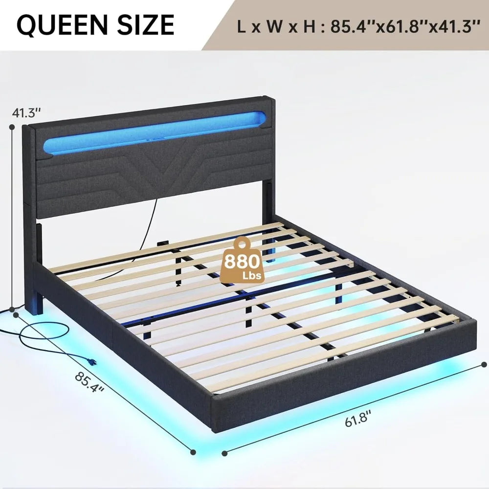 Queen Floating Bed Frame with RGB LED Lights Headboard, USB-C/A Power Combo, Linen Upholstered Platform Bed with Storage Headboa