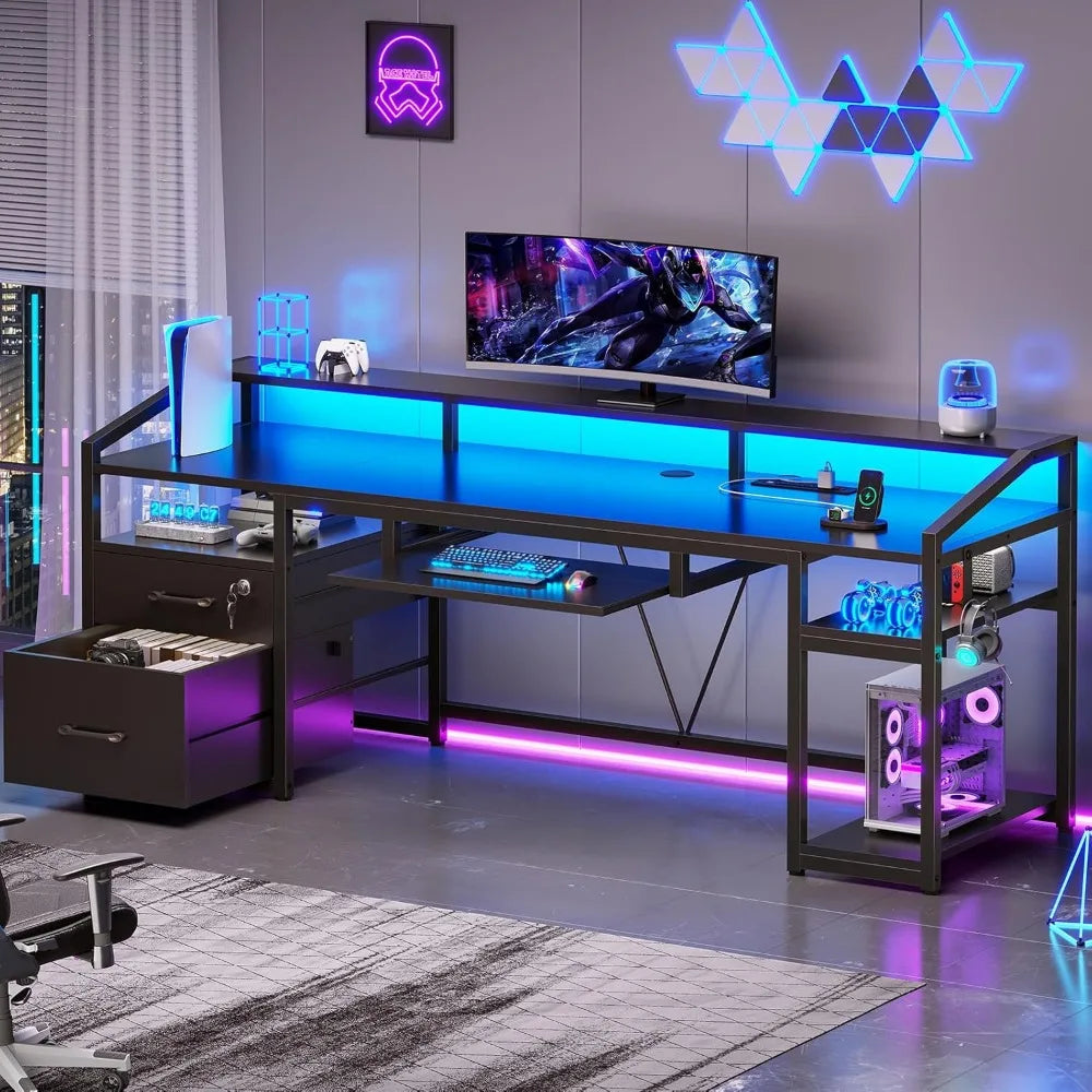 63" Computer Desk, Office Desk with Lockable Drawers for Legal/Letter File, Gaming Desk with LED Lights & Power Outlet, Home Of