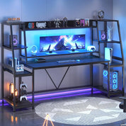 FurnishSpot Multifunctional Gaming Desk with LED Lights, Monitor Stand & Storage Shelves – 55” RGB PC Workstation Desk