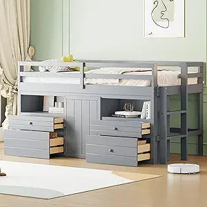 Playful Design Full Size Low Loft Bed with Slide and 3 Storage Drawers, Multiple Functions Wooden Loft Bed Frame with 2 Doors fo