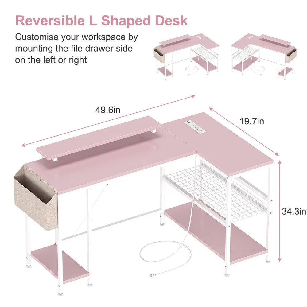 L Shaped Computer Desk Gaming Desk Writing Desk with Power Outlets & LED Light