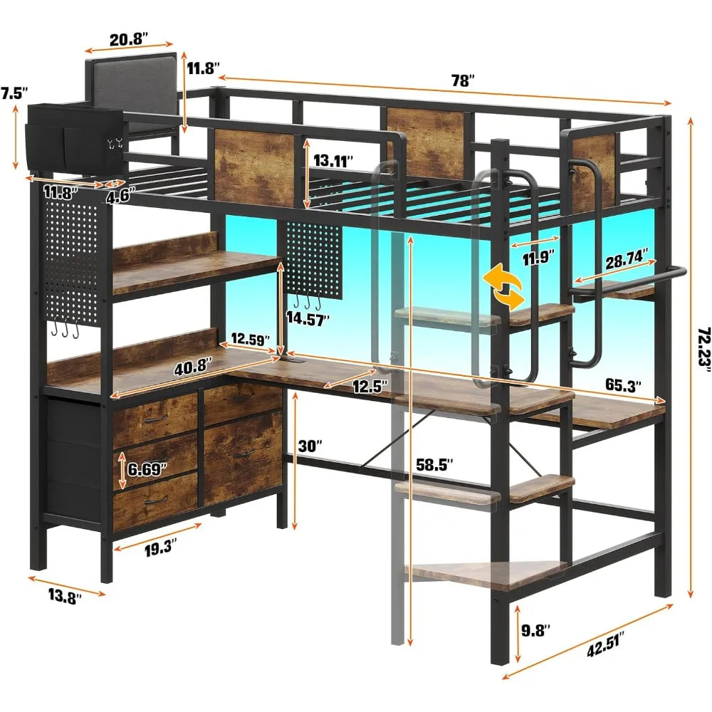 Bunk Bed with Desk Underneath, RGB LED Lights, Charging Station, and 5 Storage Drawer Cabinets