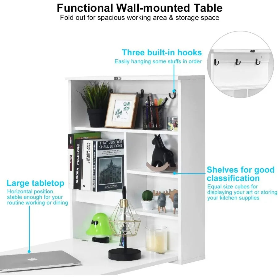 FurnishSpot Hideaway Fold Wall Desk – Wall-Mounted Folding Desk with Storage Shelves & Hooks