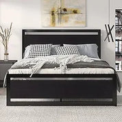 Heavy Duty Platform Metal Base Bed Frame with Modern Headboard