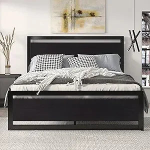 Heavy Duty Platform Metal Base Bed Frame with Modern Headboard
