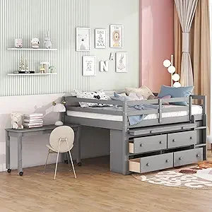 Playful Design Full Size Low Loft Bed with Slide and 3 Storage Drawers, Multiple Functions Wooden Loft Bed Frame with 2 Doors fo
