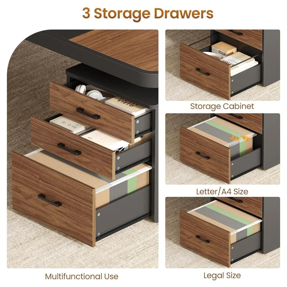 FurnishSpot® Modern Executive Desk with Storage Cabinet, File Drawer & Built-In Charging Station