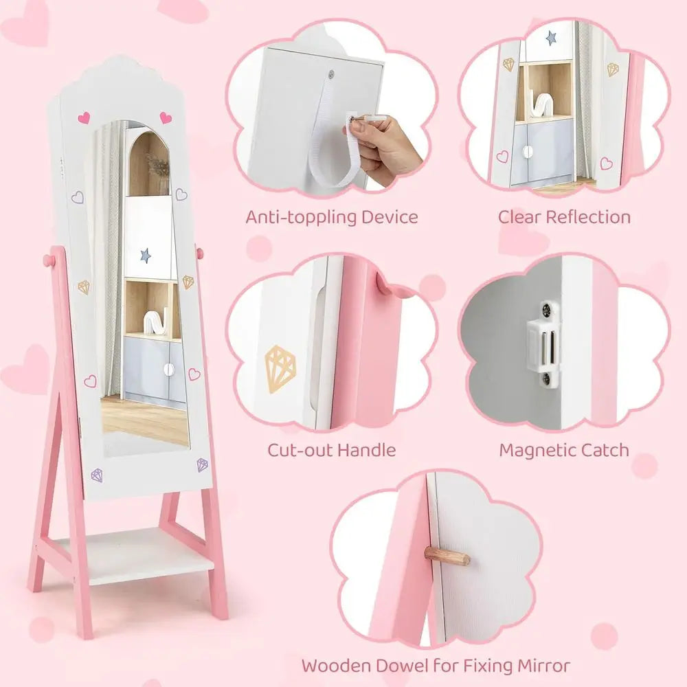 Kids Standing Jewelry Armoire with Full-Length Dress-Up Mirror, Drawers & Storage Shelves