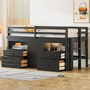 Playful Design Full Size Low Loft Bed with Slide and 3 Storage Drawers, Multiple Functions Wooden Loft Bed Frame with 2 Doors fo