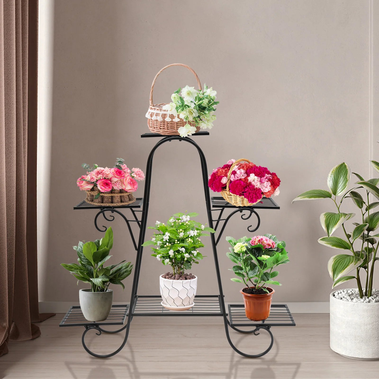 Modern Nordic Style Iron Square Plant Stand, 6-Tier Black Baking Lacquer Shelf, Holder for Plants Decor, Max Load 10kg per Tier